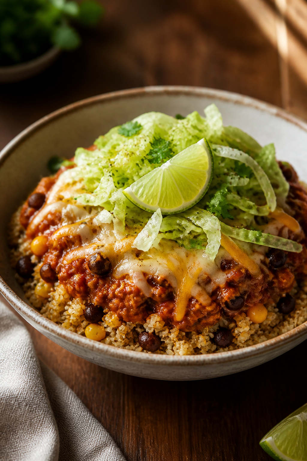 Final plated hero: Restaurant-quality presentation of a single enchilada bowl angled 3/4 view, empha