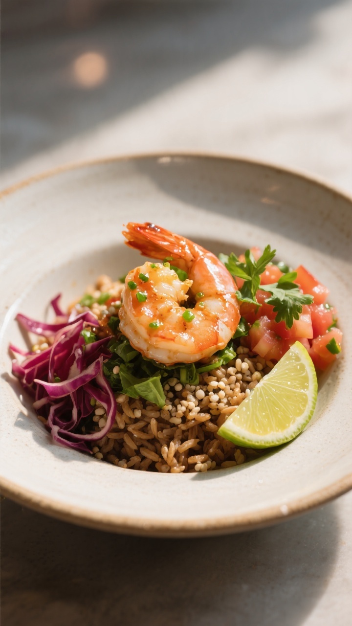 Final plated hero: Restaurant-quality presentation of a single shrimp bowl on a wide, shallow cerami