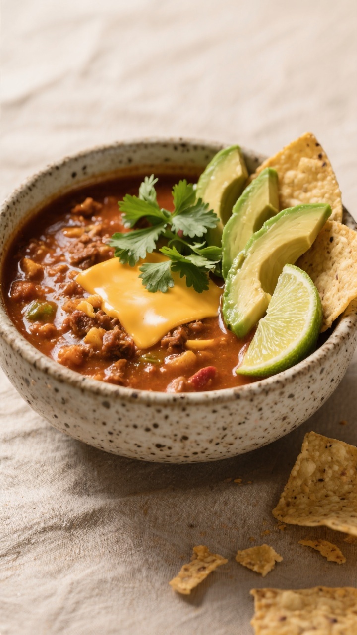 Final plated hero: Restaurant-quality presentation of Slow Cooker Taco Soup in a rustic speckled sto