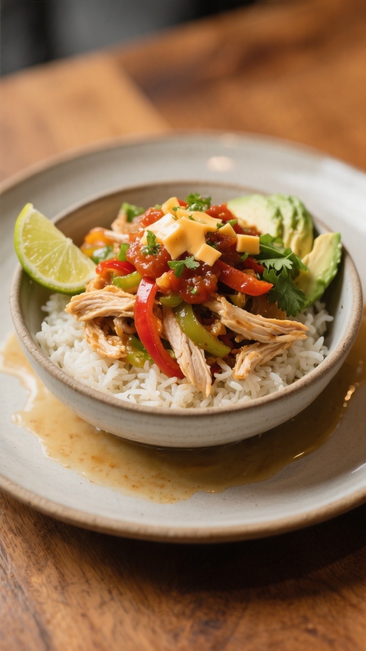 Final plated hero: Restaurant-quality presentation of a single chicken fajita bowl on a wide, shallo