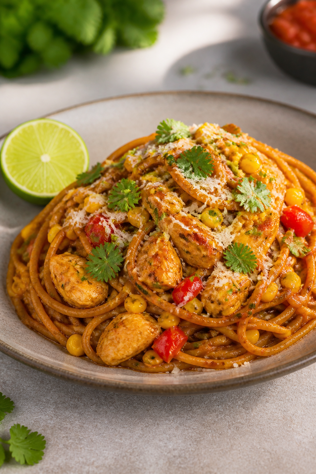 Final plated hero: Restaurant-quality presentation of Healthy Chicken Taco Spaghetti on a matte cera