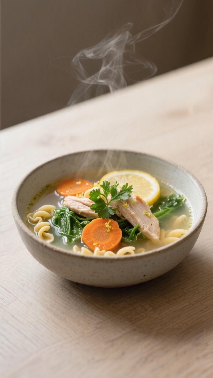Final plated hero shot: Beautifully plated bowl of chicken soup with added small pasta (ditalini) ke