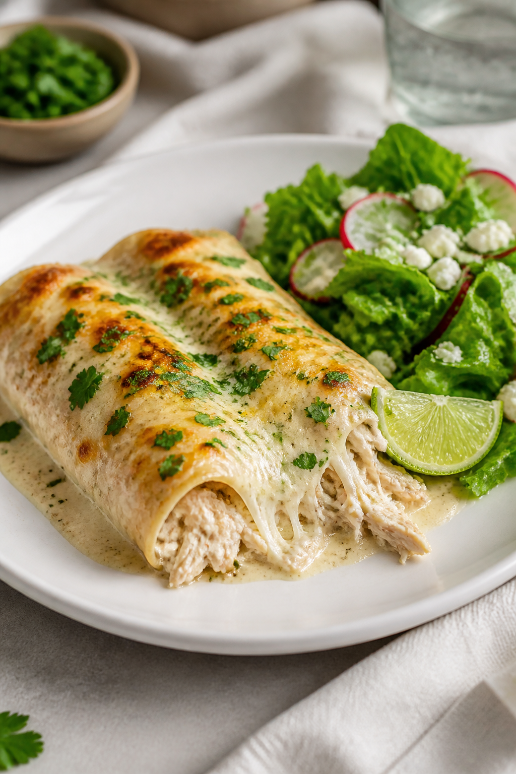 Final plated hero shot: Beautifully plated Healthy White Chicken Enchiladas fresh from the oven on a