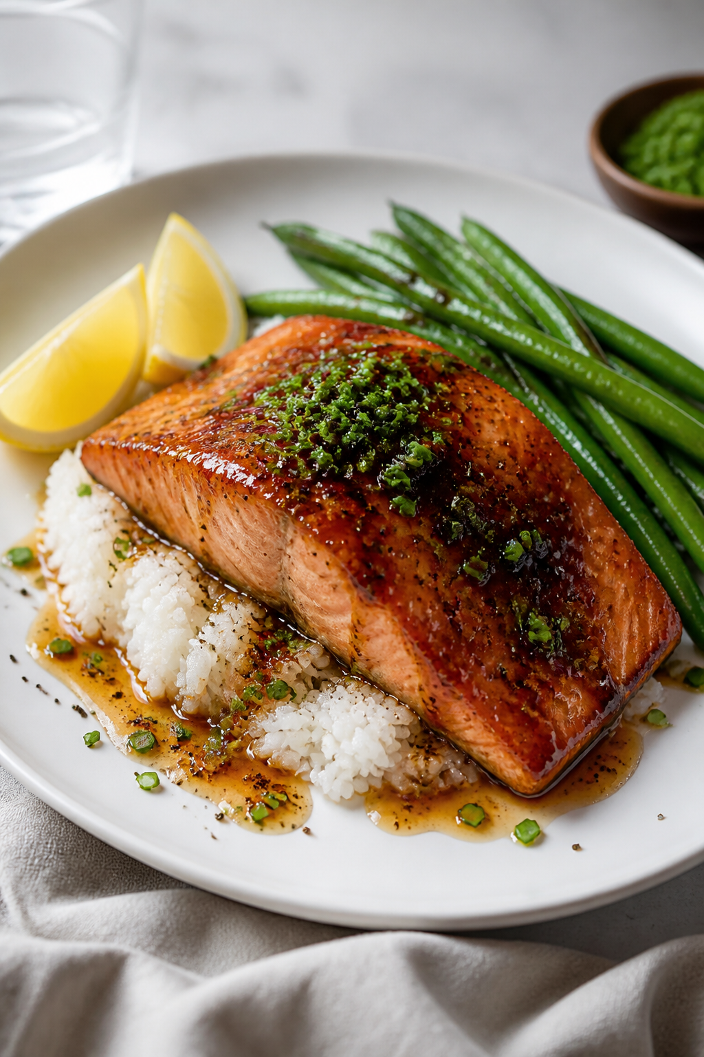 Final plated hero shot: Caramelized Maple Garlic Salmon fillet plated on a matte white rimmed plate