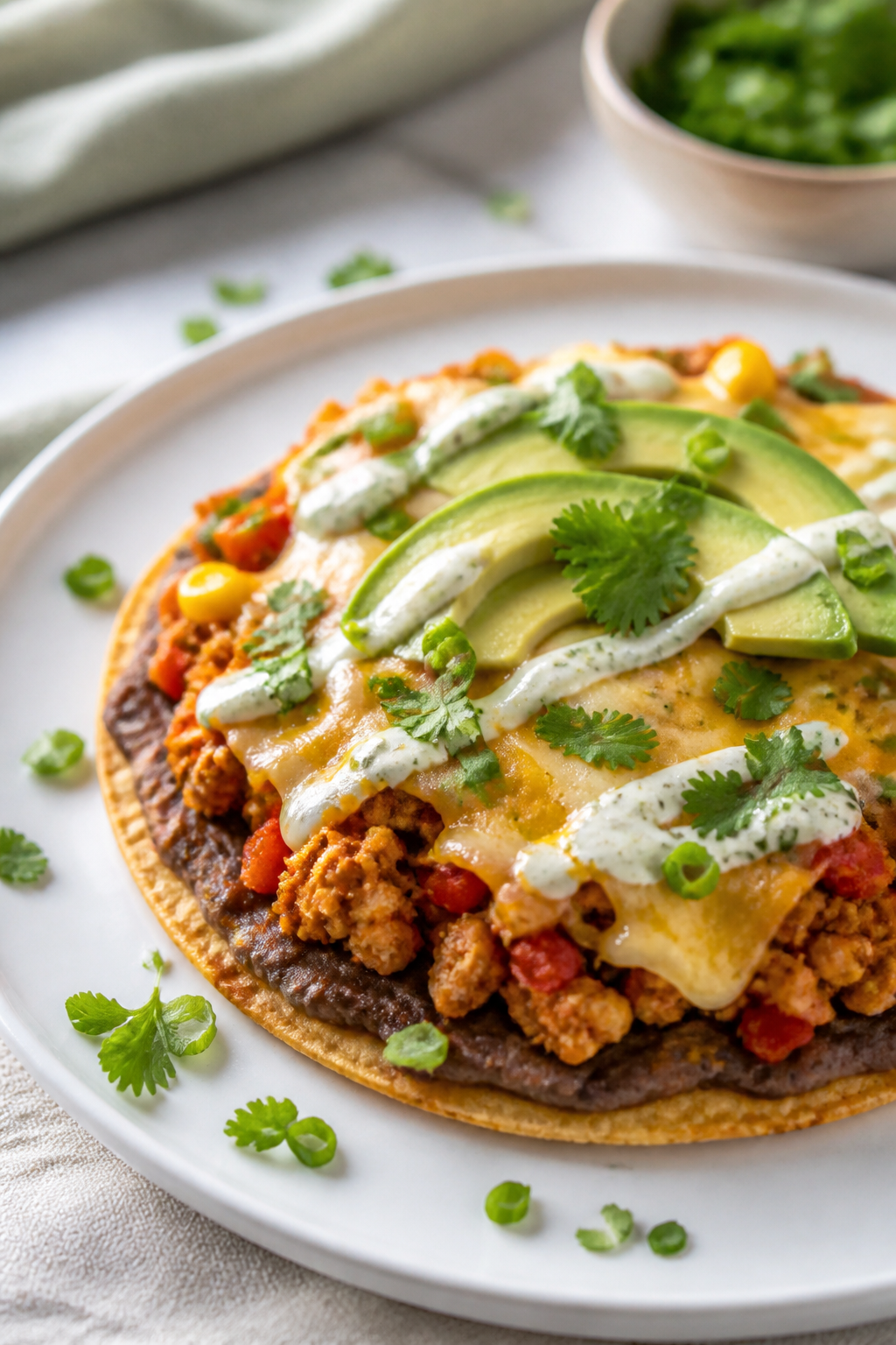 Final plated hero shot: One personal-size Mexican pizza on a white ceramic plate, garnished with avo
