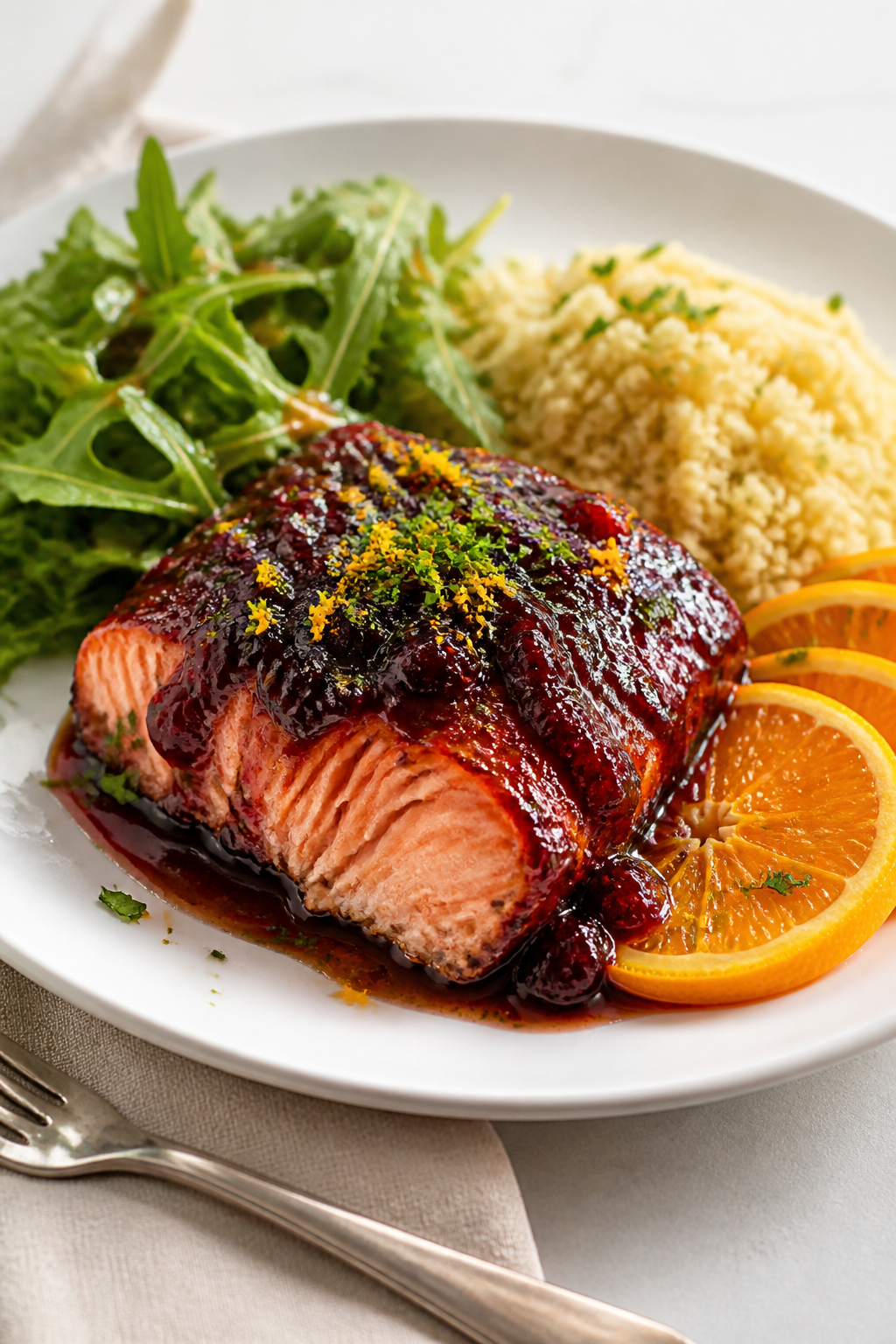 Final plated hero shot, restaurant-quality: Cranberry Orange Glazed Salmon plated on a matte white d