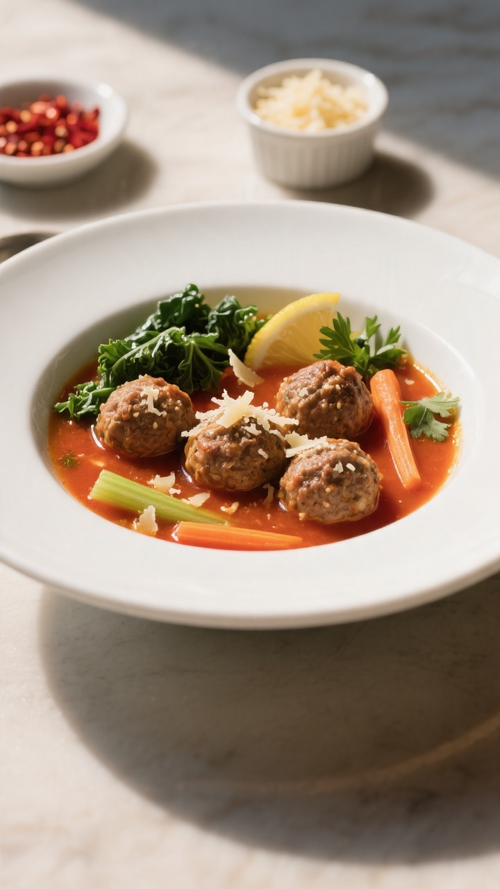 Final plated hero shot: Restaurant-quality presentation of the soup in a wide, shallow white bowl, t