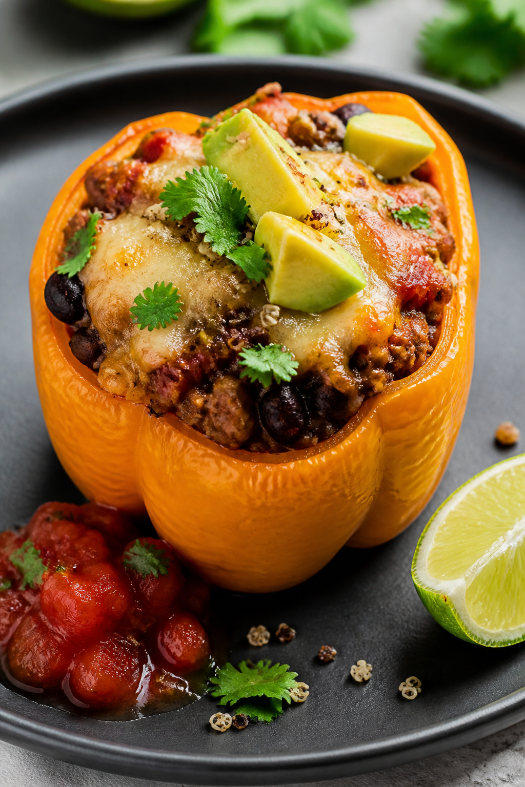 Final plated hero shot: Single taco stuffed pepper on a matte charcoal plate, filling slightly mound