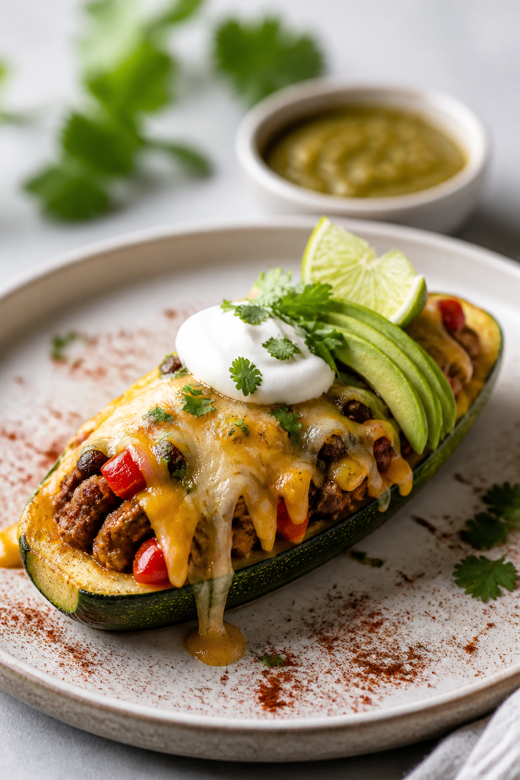 Final plated hero shot: Single zucchini boat on a matte ceramic plate, cheese-laced filling mounded