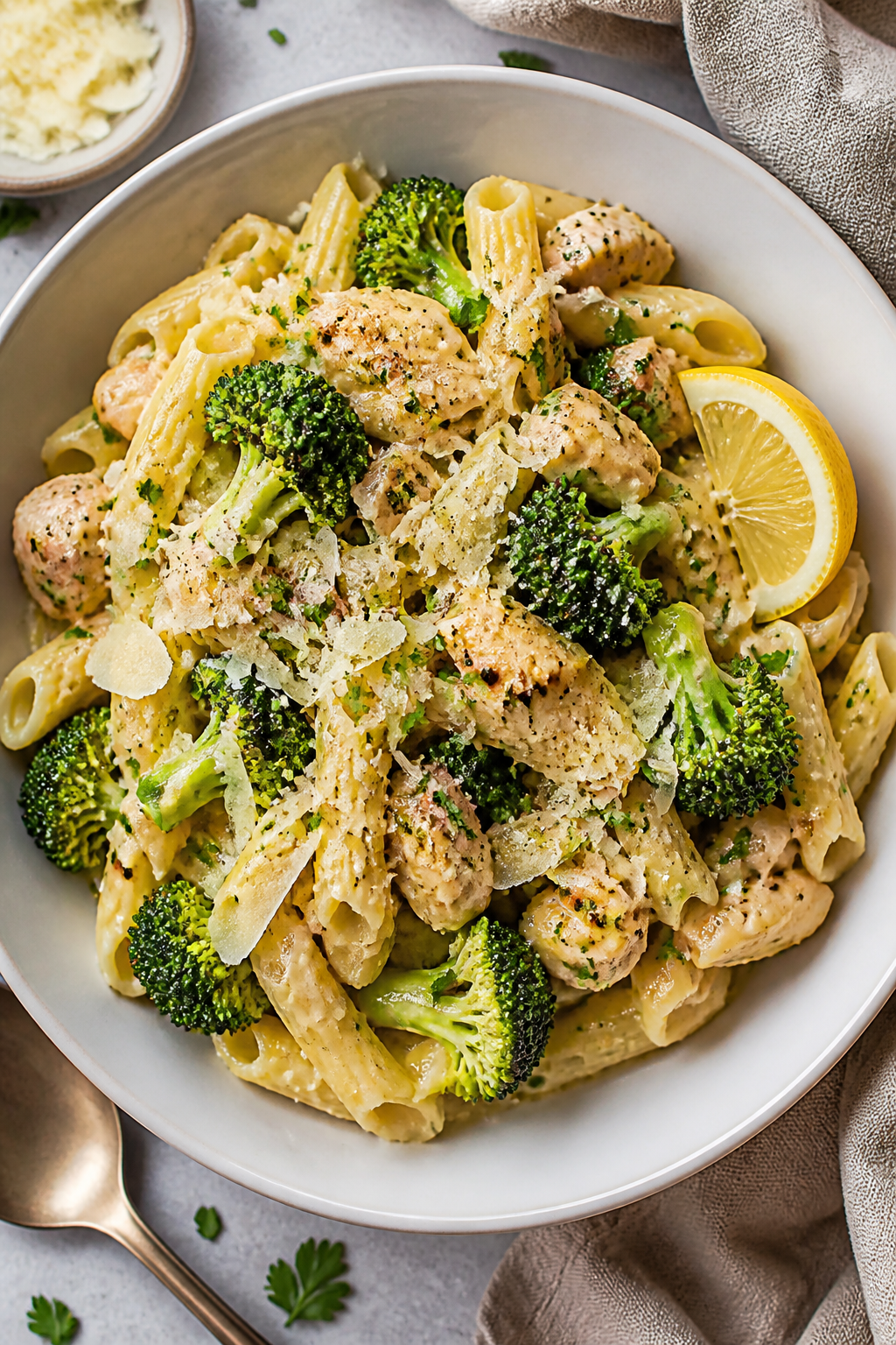 Final plated hero, top-down: Overhead shot of a generous bowl of One-Pot Chicken Broccoli Pasta plat
