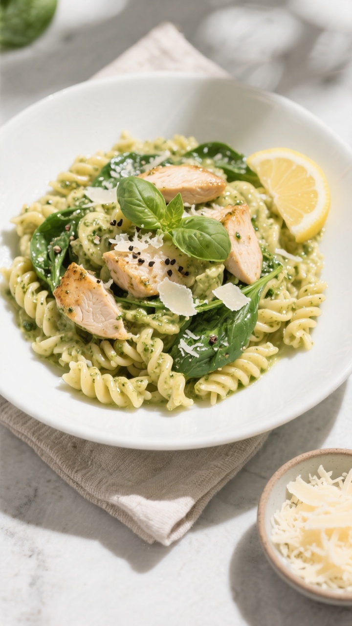 Final plated overhead: Creamy pesto chicken pasta (fusilli) twirled into a neat mound in a shallow w