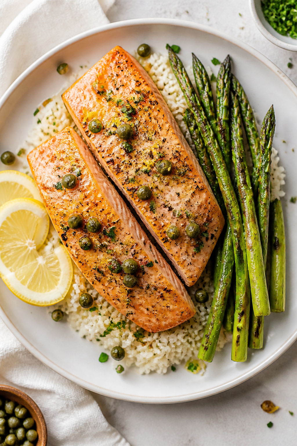 Final plated overhead: Lemon Brown Butter Salmon served on a matte white rimmed plate over a bed of 