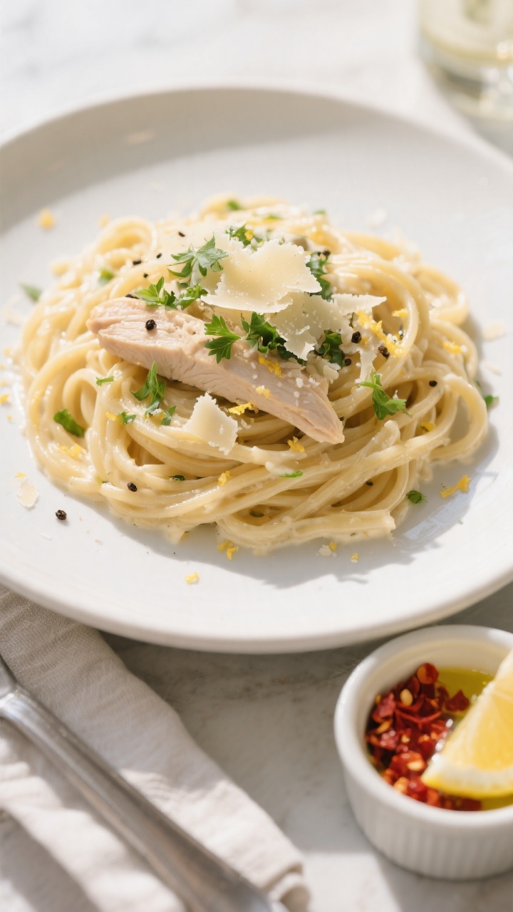 Final plated overhead: Overhead shot of Creamy Garlic Chicken Protein Pasta twirled into a neat moun