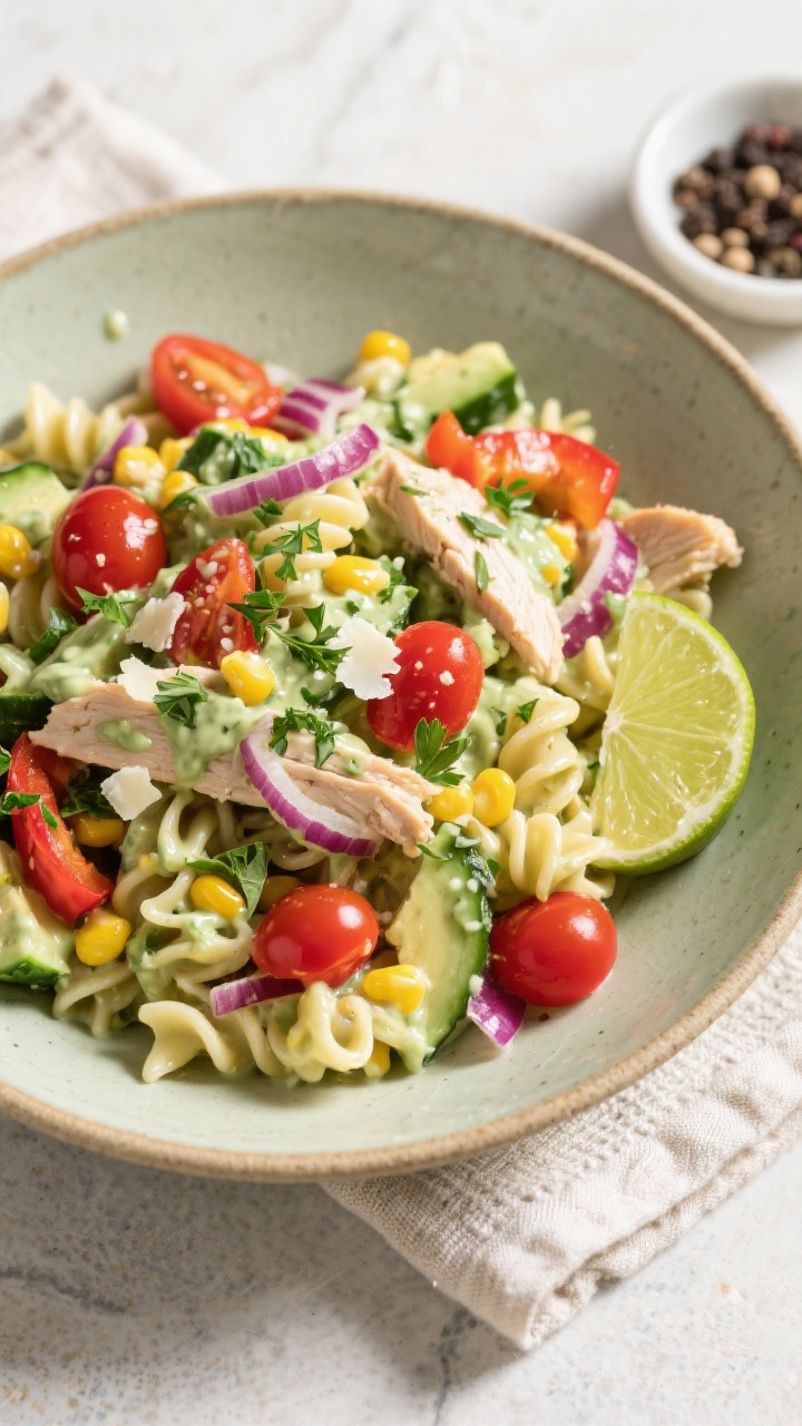 Final plated overhead shot: Avocado Ranch Chicken Pasta Salad served in a wide, shallow ceramic bowl