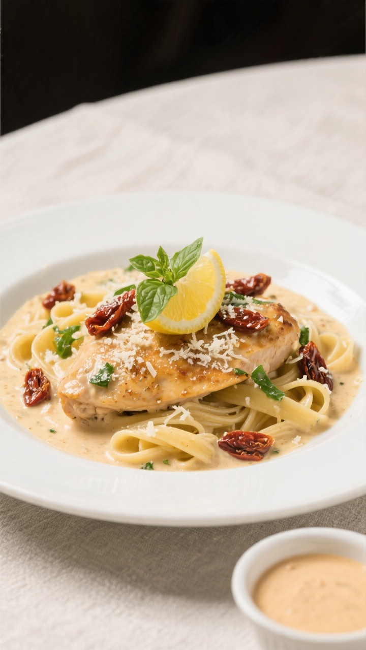 Final plated overhead: Tasty of Marry Me Chicken served over al dente pasta, chicken nestled in a po