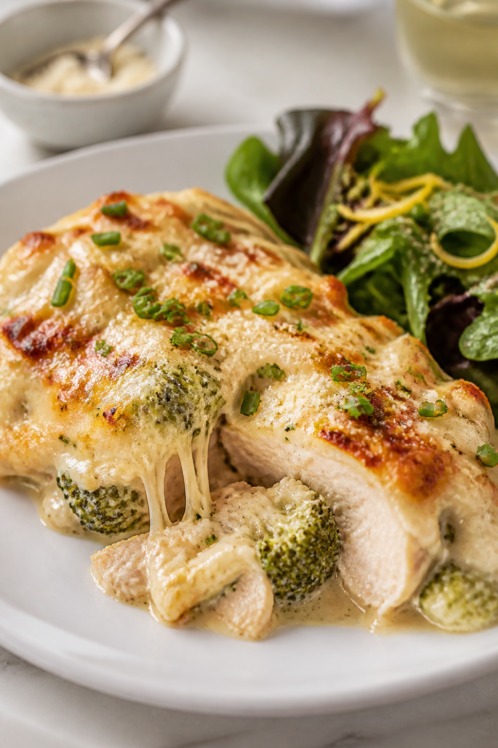 Final plated presentation: A generous serving of the chicken broccoli bake neatly plated on a matte