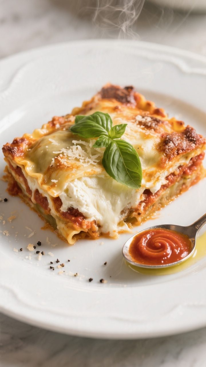 Final plated presentation: a generous square of the baked ravioli casserole served on a white cerami