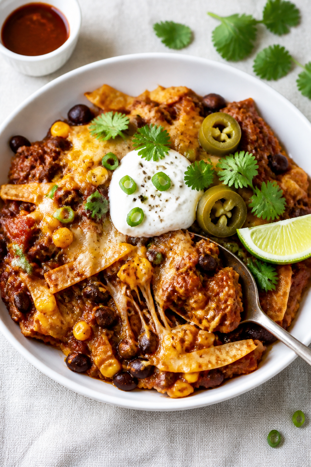 Final plated presentation: Beautifully plated Healthy Cheesy Beef Enchilada Skillet served in a shal
