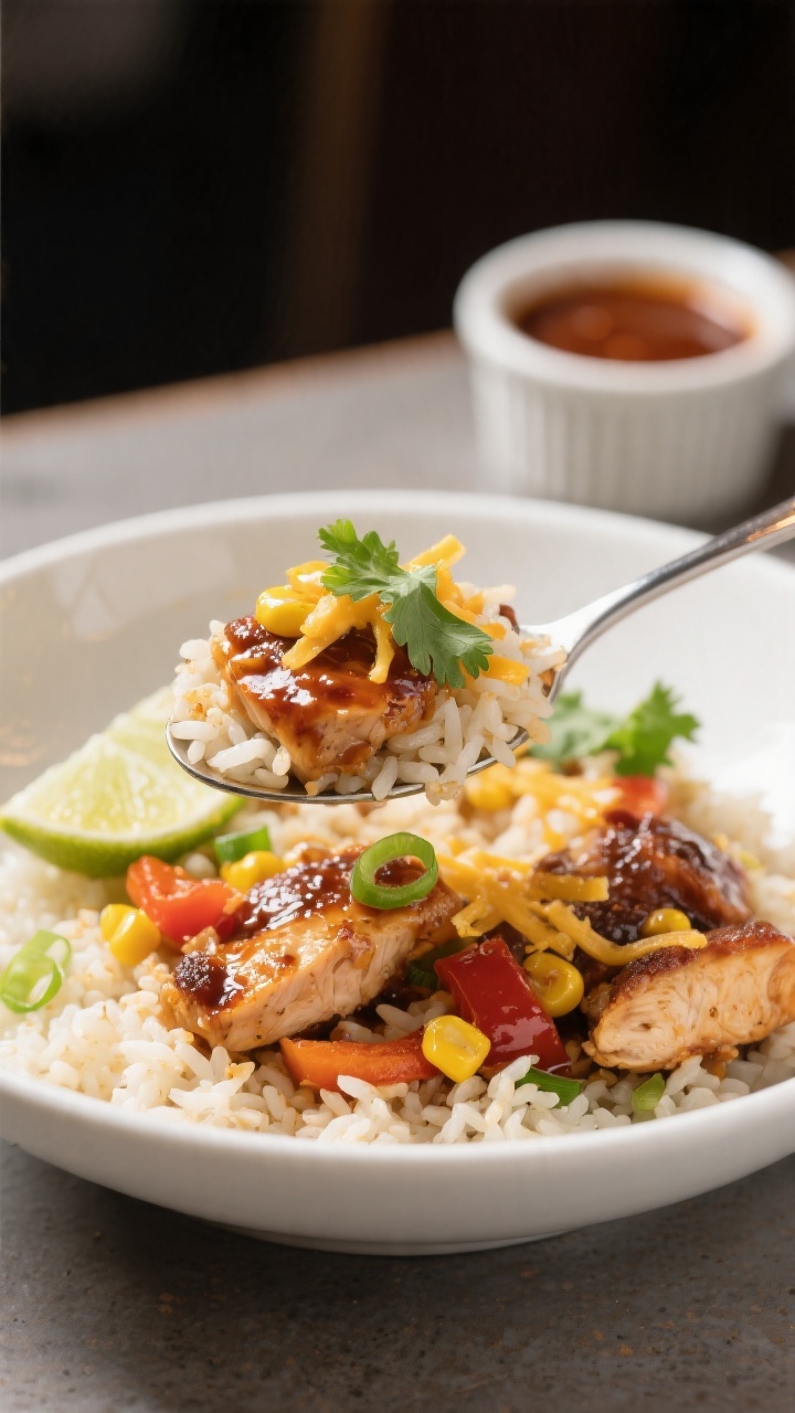 Final plated presentation, close-up: A generous spoonful of BBQ Chicken & Rice plated in a wide, sha