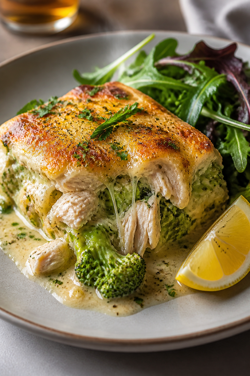Final plated presentation, restaurant-quality: A generous square of Creamy Chicken Broccoli Bake nea