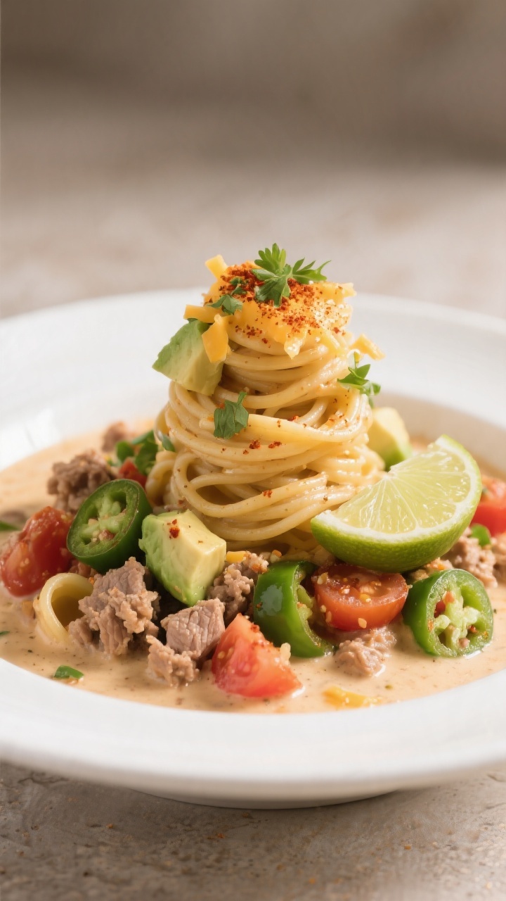 Final plated presentation, restaurant-quality: Beautifully plated bowl of One Pot Healthy Taco Pasta