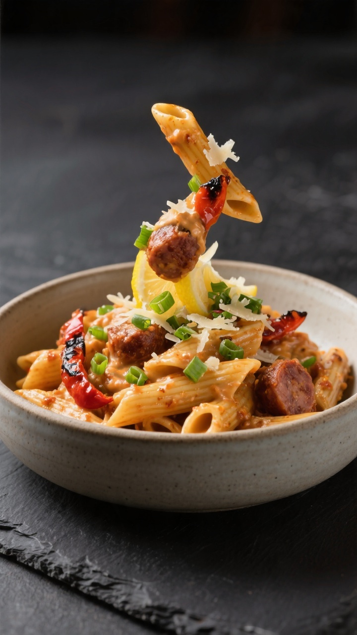Final plated presentation: Restaurant-quality bowl of creamy Cajun sausage pasta (penne) twirled hig