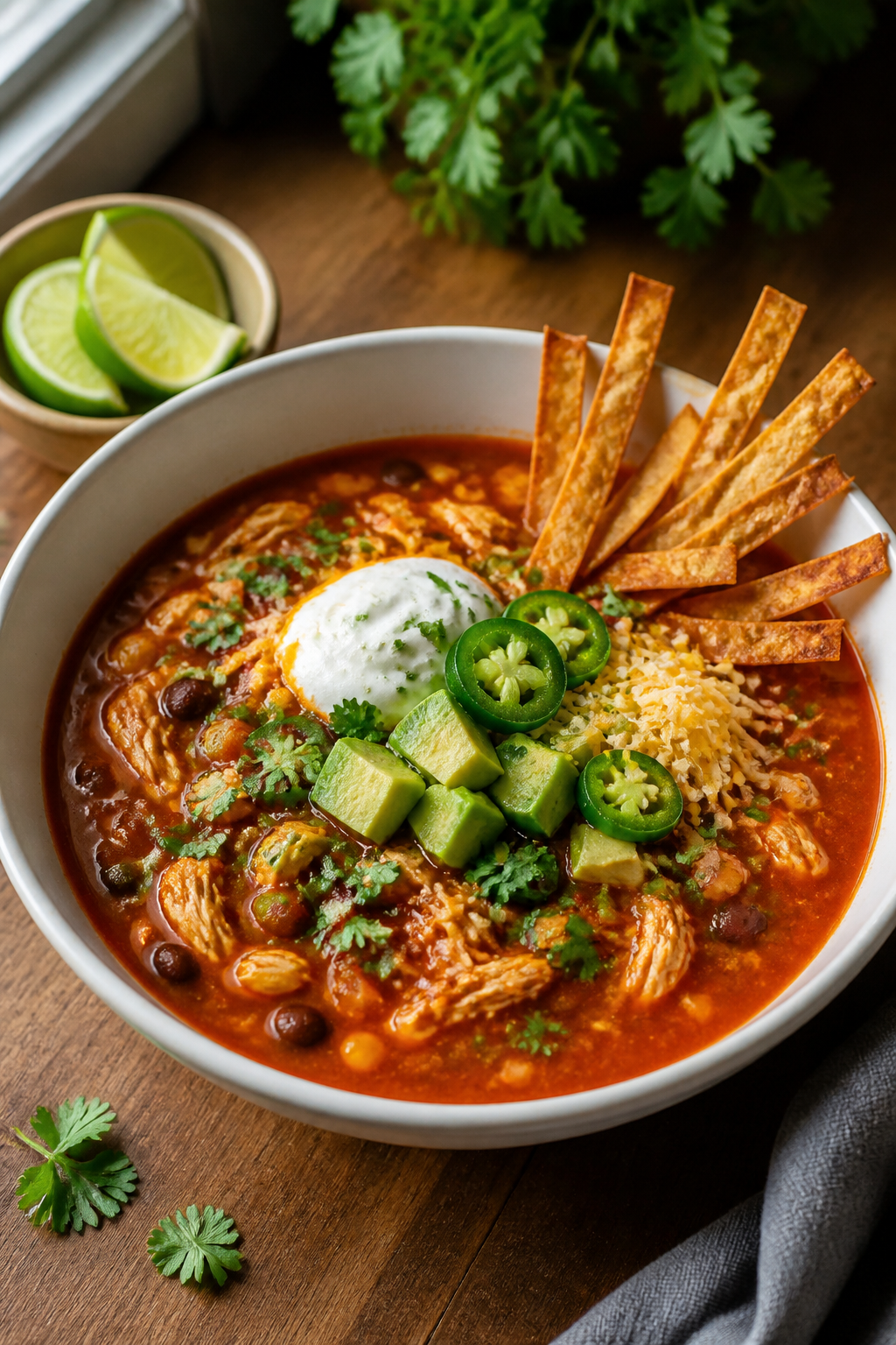 Final plated presentation: Restaurant-quality bowl of Healthy Chicken Enchilada Soup, artfully garni