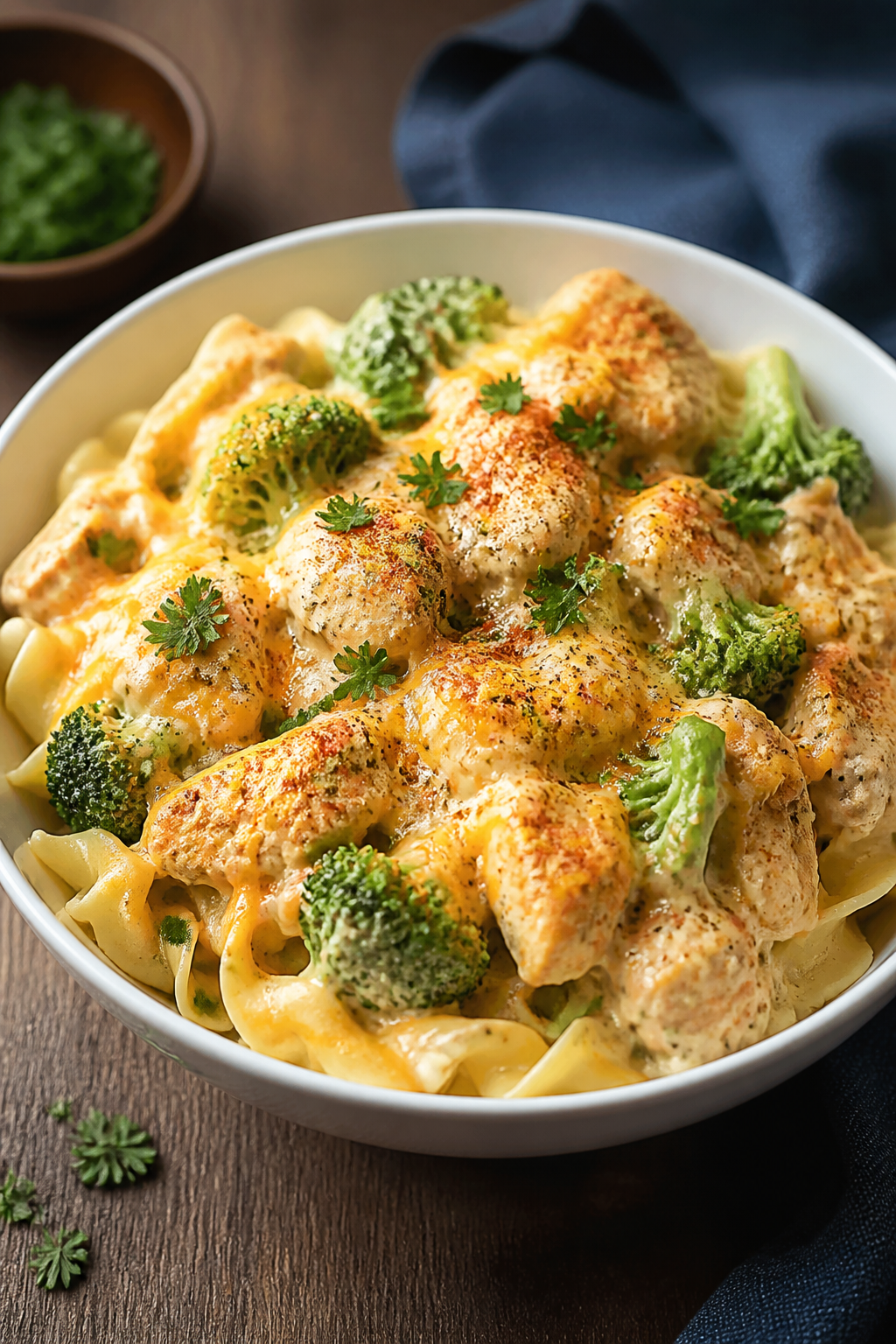 Final plated presentation: Restaurant-quality bowl of Cheesy Ranch Chicken Broccoli served over fluf