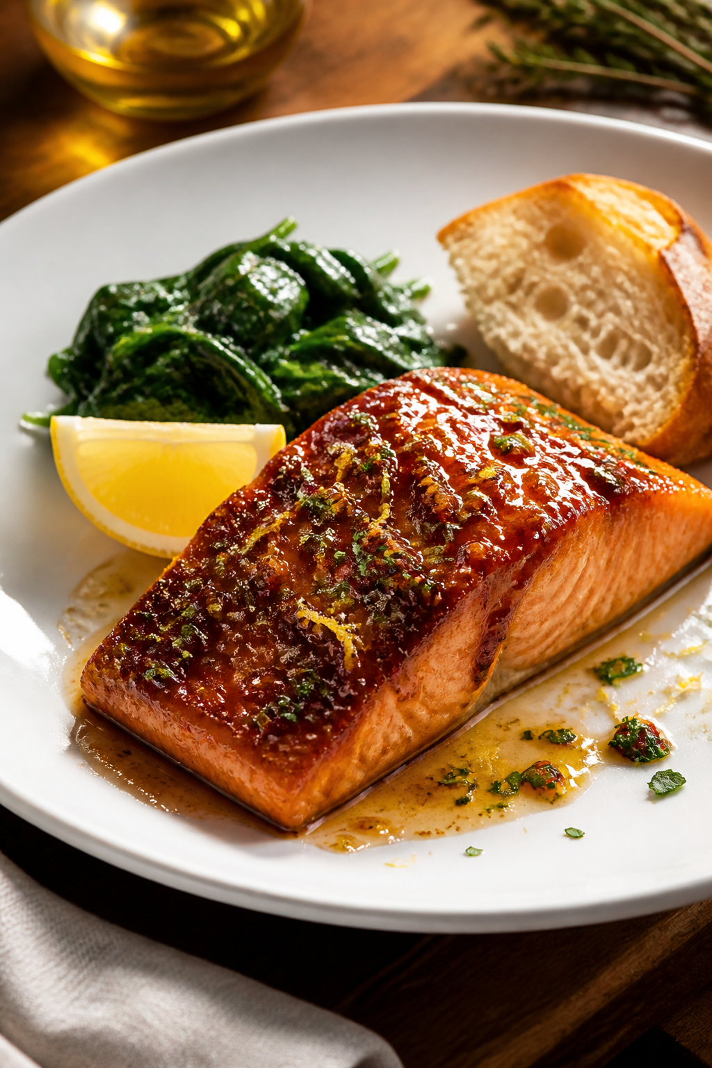 Final plated presentation: Restaurant-quality plate of Tuscan Glazed Salmon on a wide white plate wi