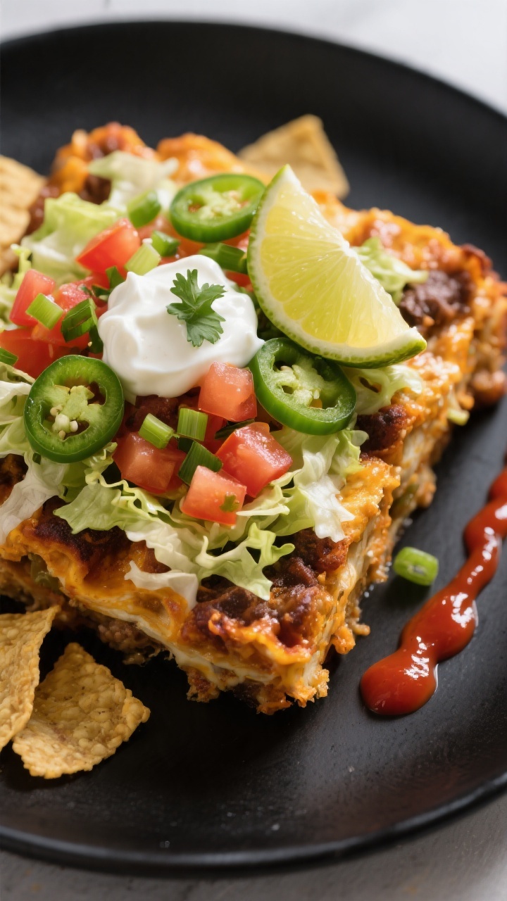 Final plated presentation: Restaurant-quality serving of Loaded Taco Casserole on a matte black plat