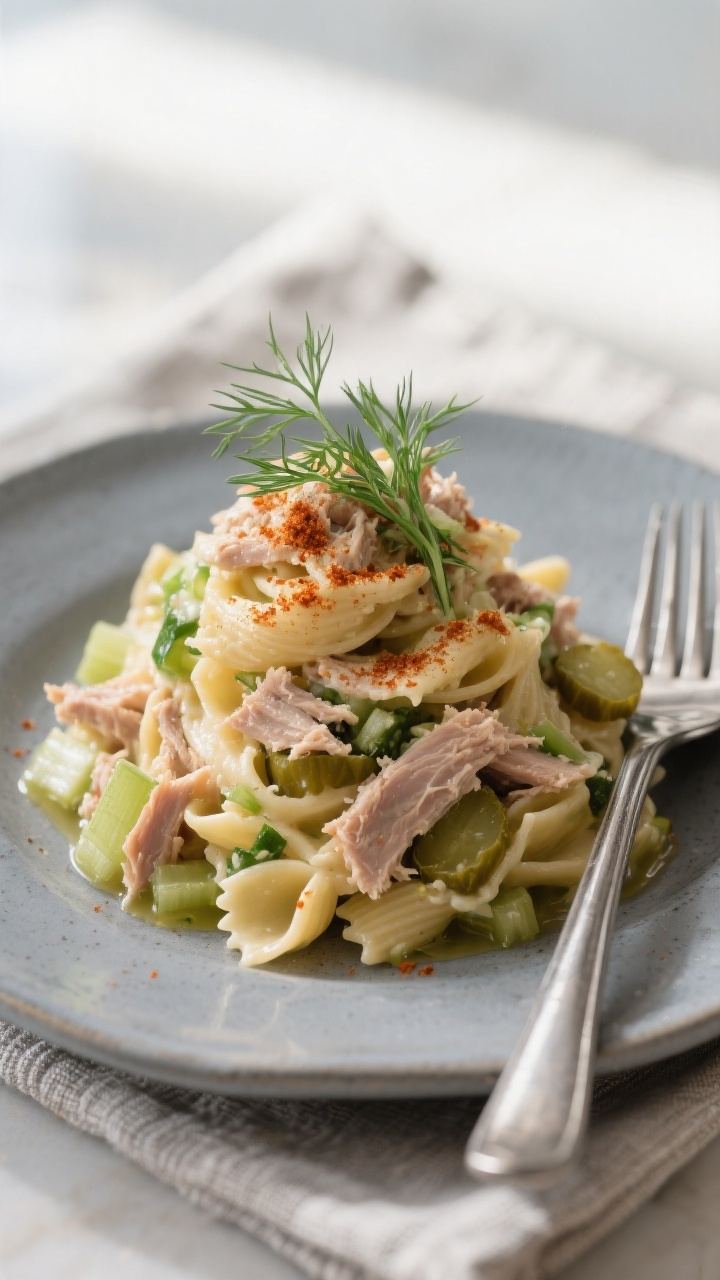 Final plated presentation: Restaurant-quality single-serve plate of the pasta salad mounded neatly o