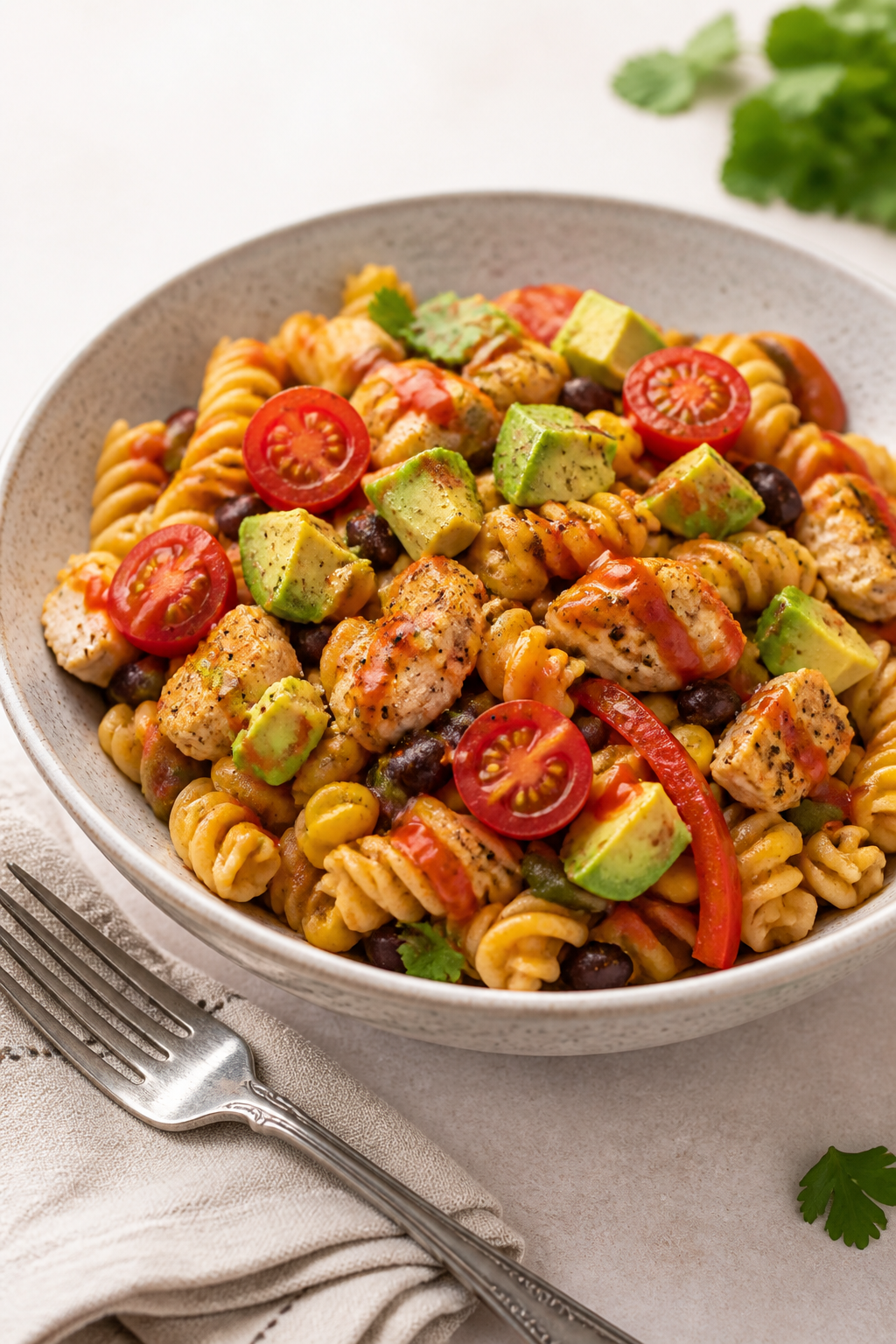 Final plated presentation: Restaurant-quality single-serve bowl of Chicken Fajita Pasta Salad with a