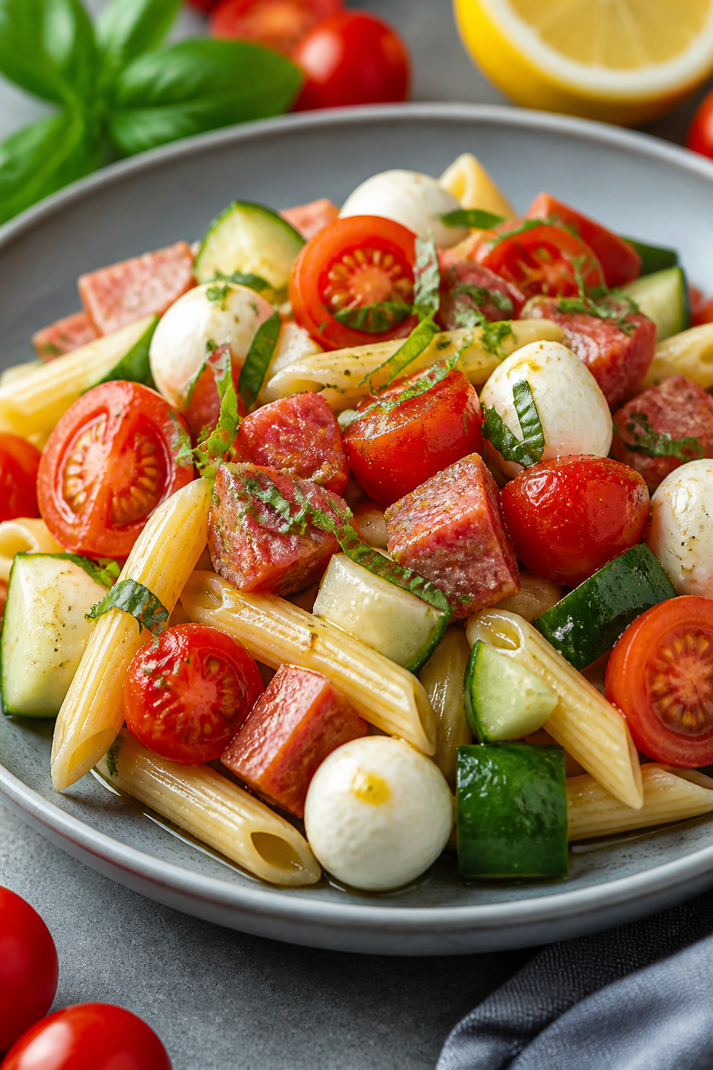 Final plated presentation shot: individual portion of the pasta salad mounded on a cool gray ceramic