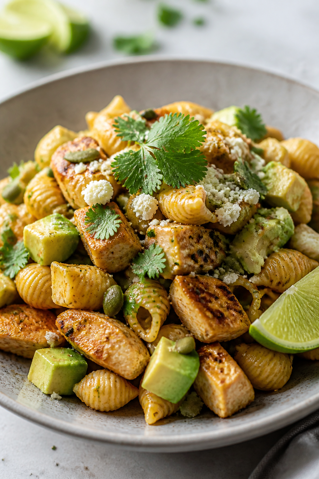 Final plated — Protein-forward serving detail: Beauty plate of the pasta salad mounded in a shallo