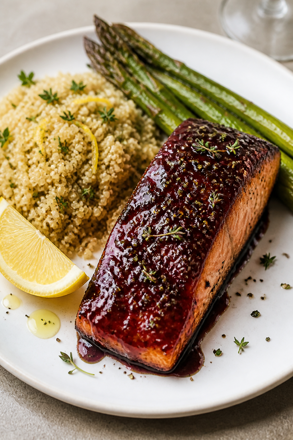 Final plated restaurant finish: Beautifully plated Blackberry Honey Glazed Salmon on a matte white d