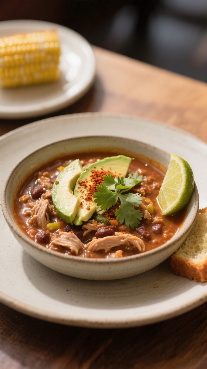 Final plated, restaurant-quality: Beautifully plated turkey chili in a wide, shallow ceramic bowl wi
