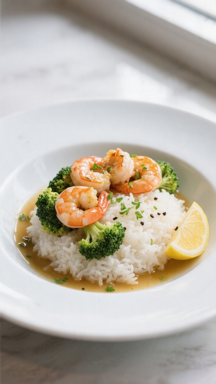 Final plated — Restaurant-quality presentation: Elegantly plated Garlic Butter Shrimp & Broccoli o