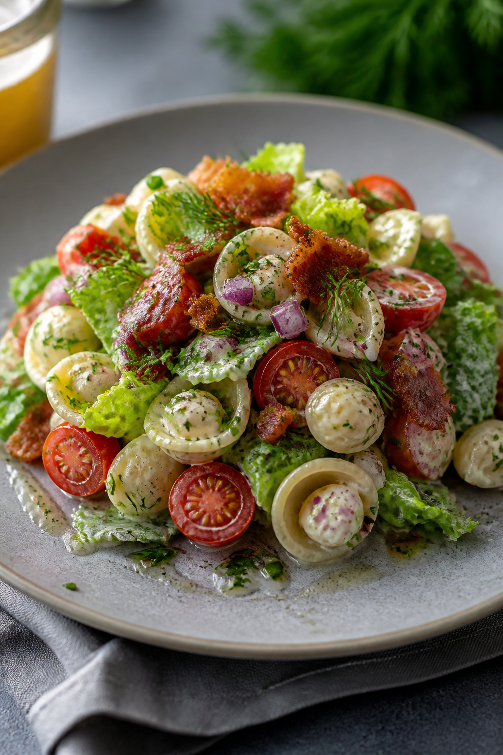 Final plated restaurant-quality presentation: a composed mound of the pasta salad on a cool gray cer
