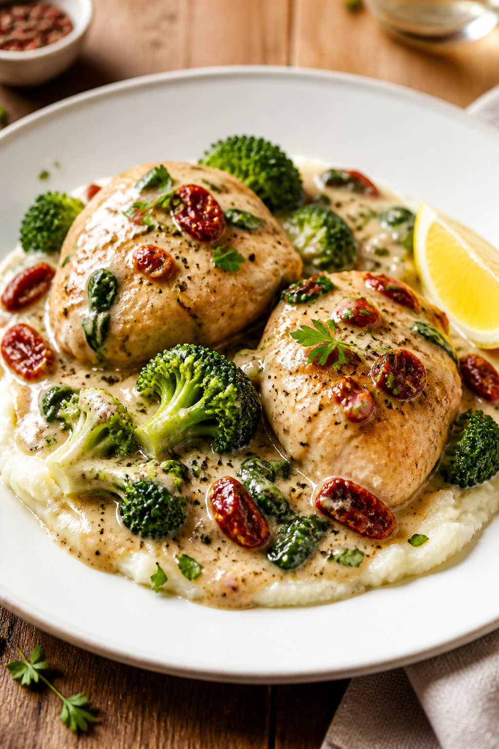 Final plated, restaurant-quality presentation: Beautifully plated Creamy Tuscan Chicken & Broccoli o