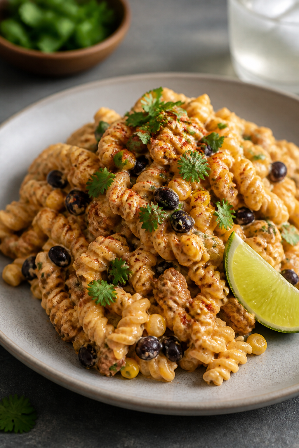 Final plated restaurant-style presentation: a generous mound of the chilled taco pasta salad on a ma