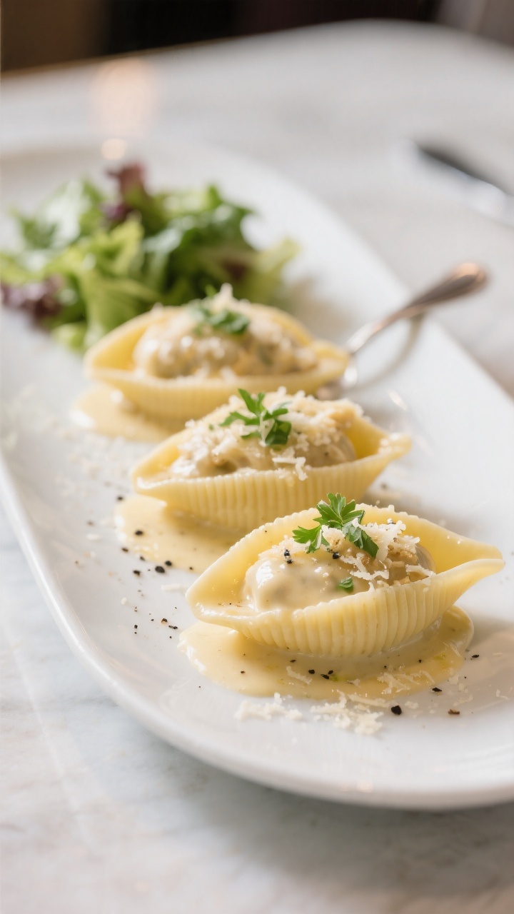 Final plated restaurant-style presentation: Three Alfredo stuffed shells spooned with extra silky sa