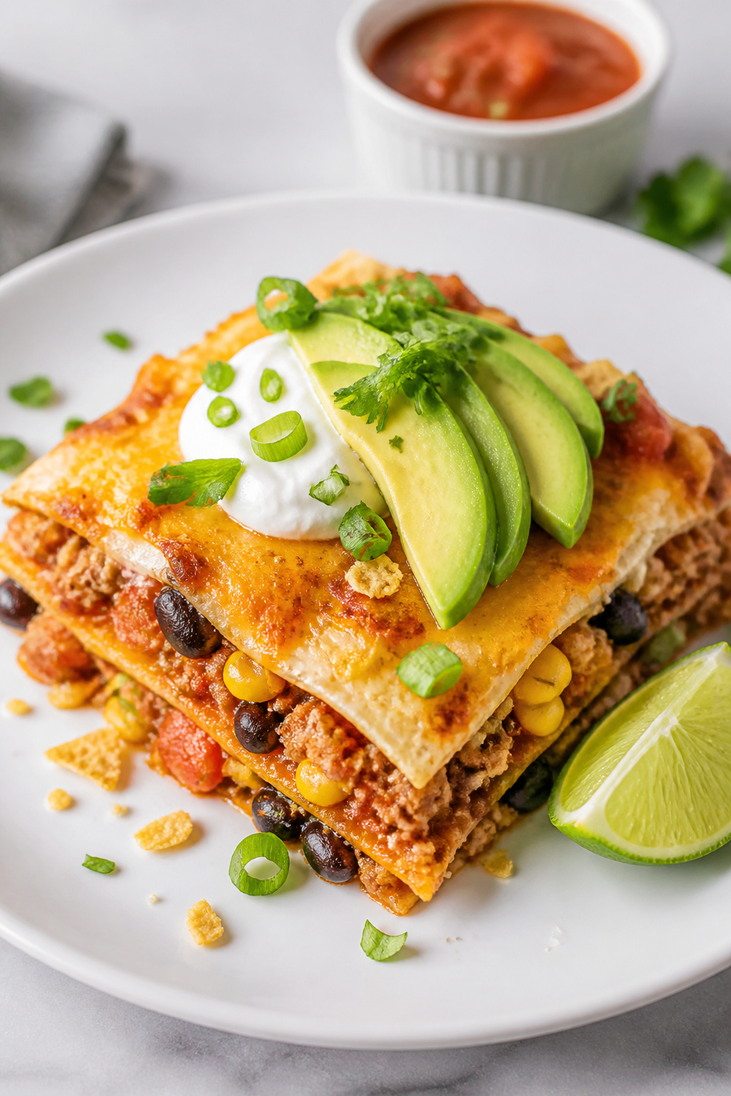 Final plated slice, : Beautifully plated square of Healthy Taco Casserole Bake on a matte white dinn