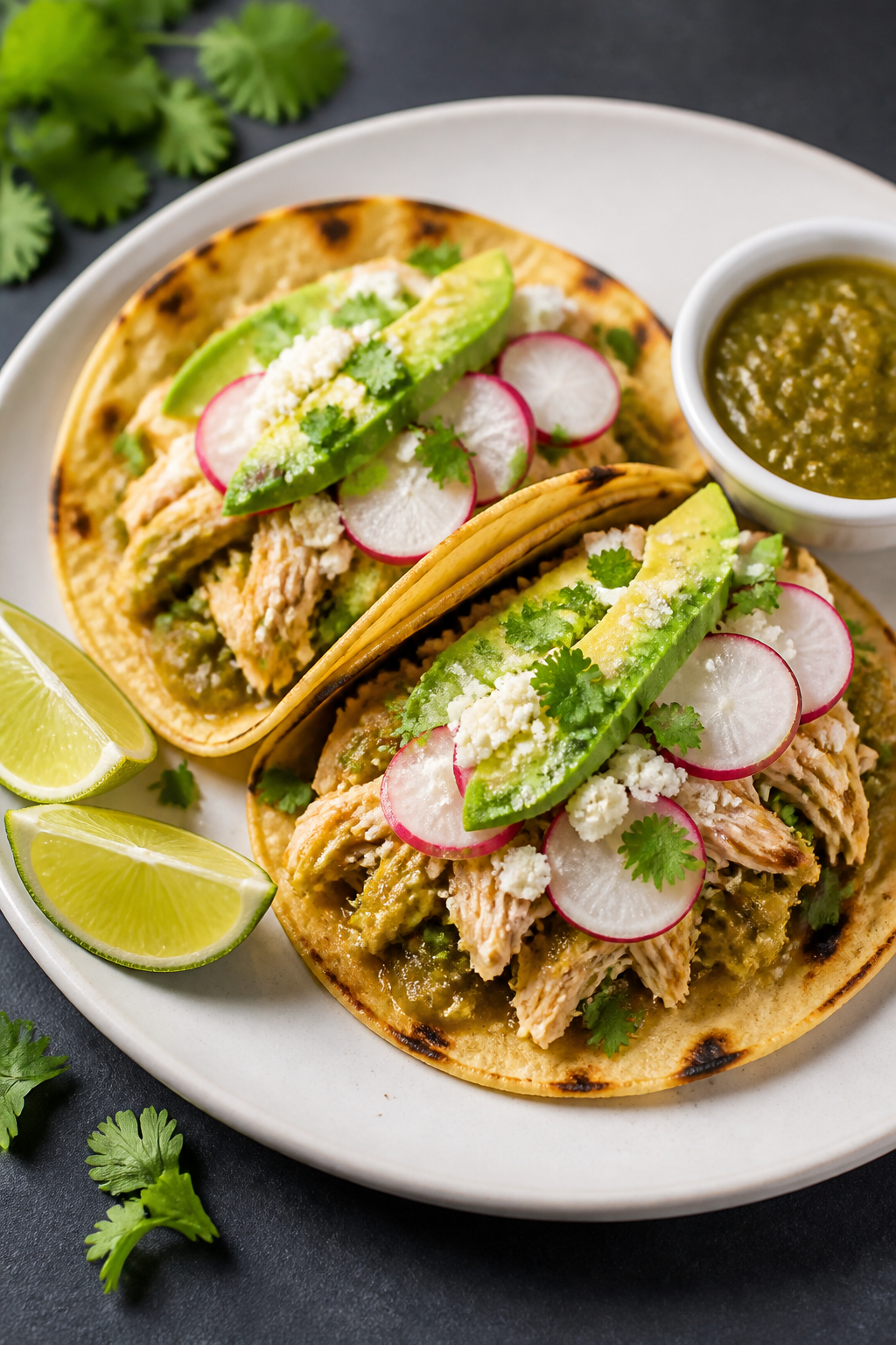 Final plated taco beauty shot: Two street-style corn tortillas slightly charred and warmed, generous
