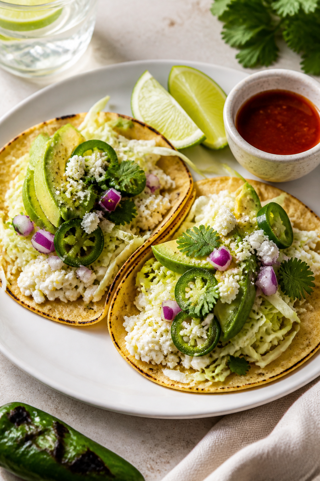 Final plated tacos beauty shot: Two warm corn tortillas filled with the creamy cottage cheese mixtur