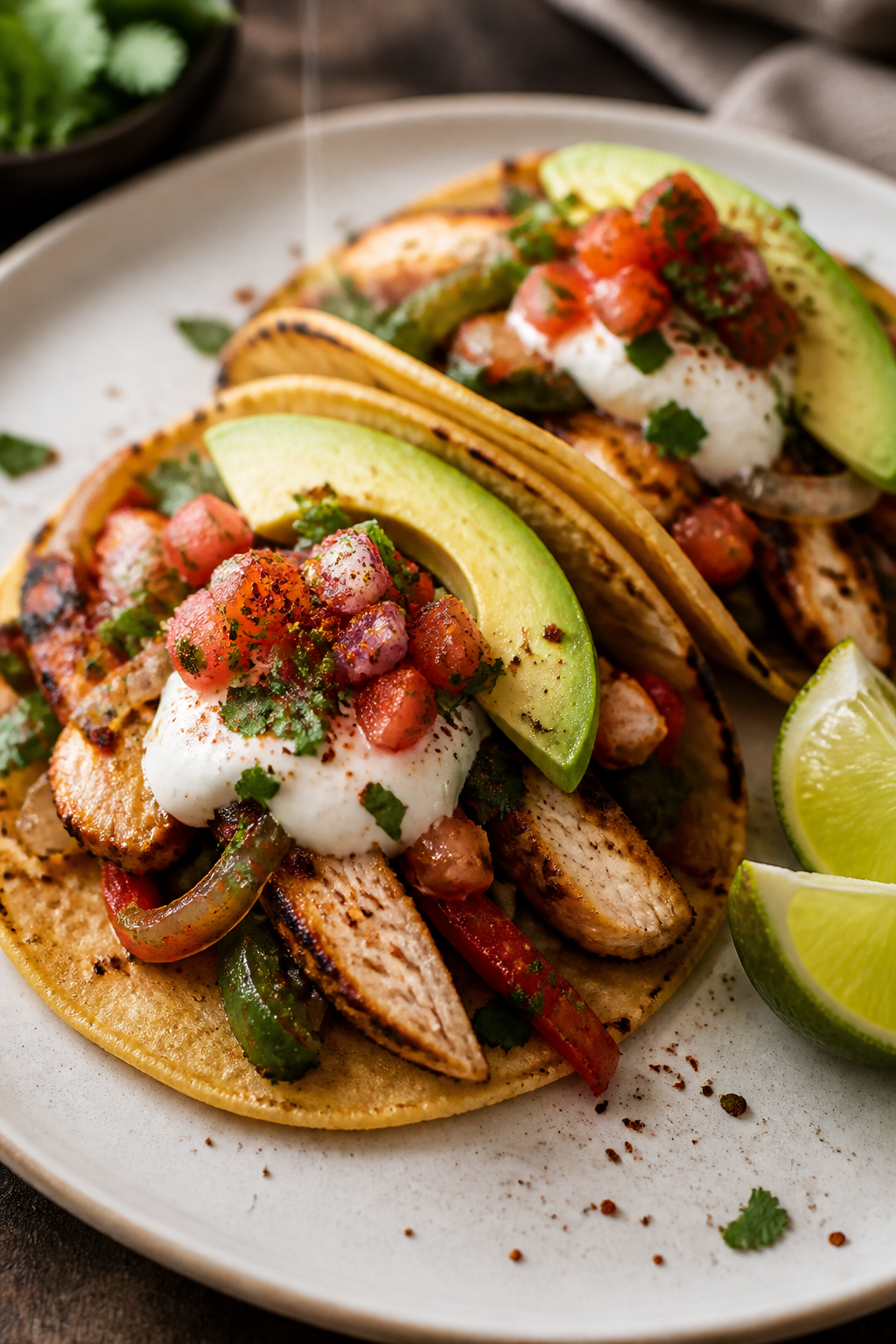 Final plated tacos on a matte white plate: warm corn tortillas filled with juicy sliced chicken, cha