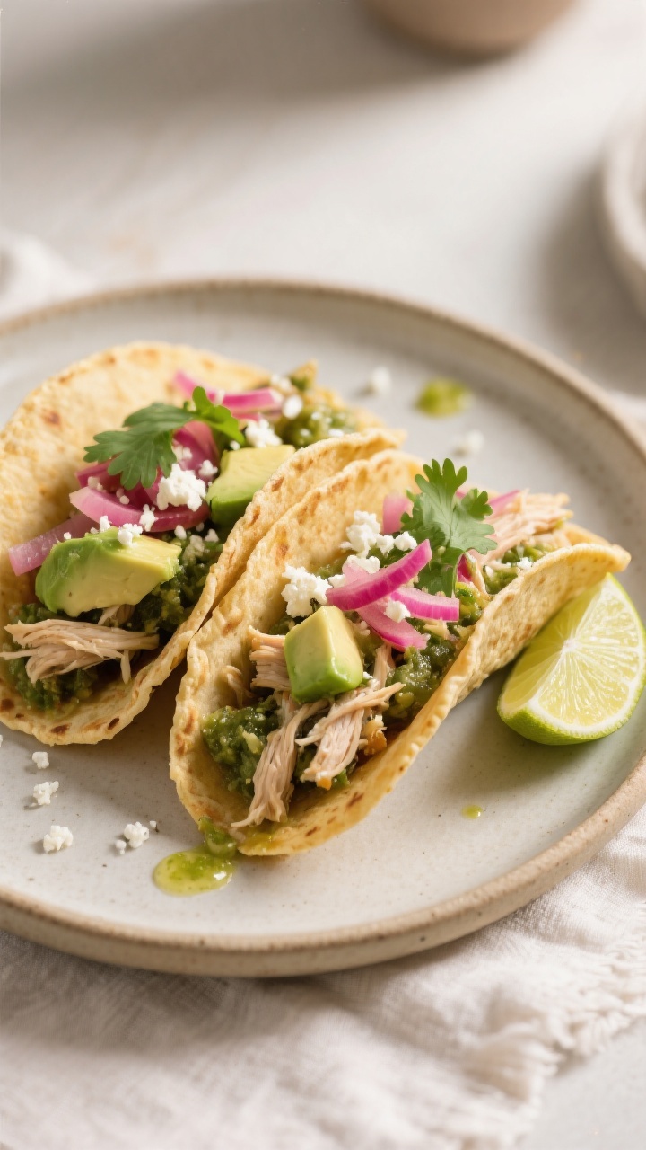 Final plated tacos, restaurant-quality presentation: Two warm corn tortillas folded and generously f