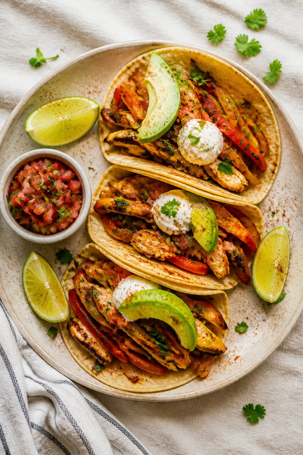 Final plated tacos, top-down: Tasty top view of warm corn or whole-wheat tortillas filled with the r
