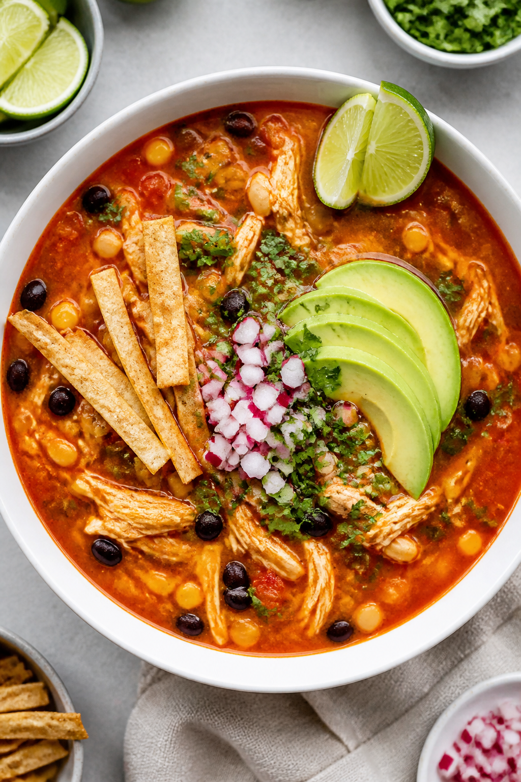 Final plated, tasty top view: Overhead restaurant-quality bowl of Healthy Mexican Chicken Soup, brig