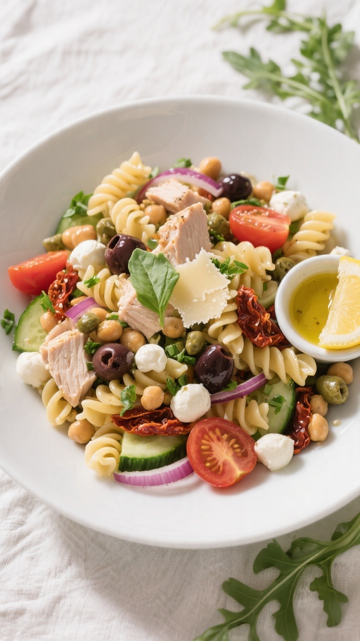 Final plated, tasty top view: Overhead shot of a generous serving of the antipasto pasta salad in a 