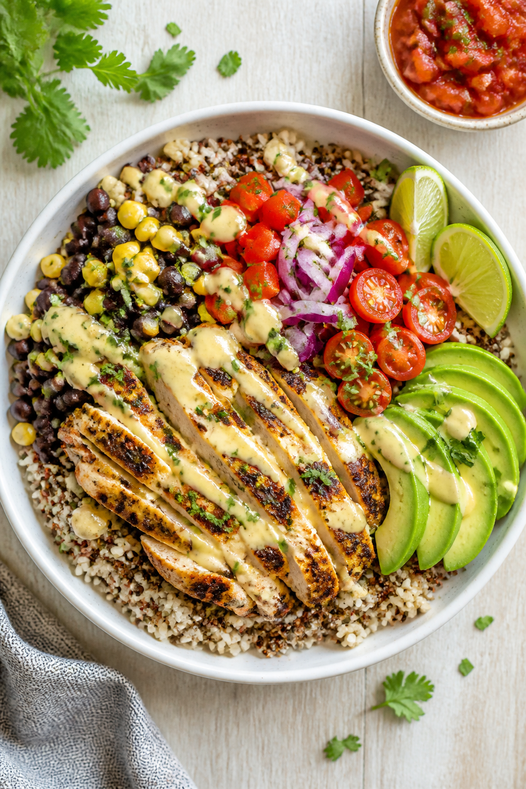 Final plated, tasty top view: Overhead shot of Healthy Chicken Queso Bowls—base of brown rice and 